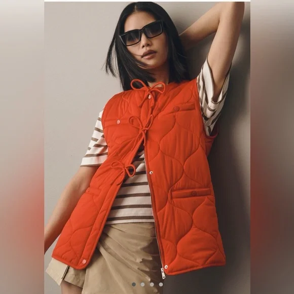 Quilted Tie-Front Sleeveless Vest in Vibrant Red - Picture 1 of 6